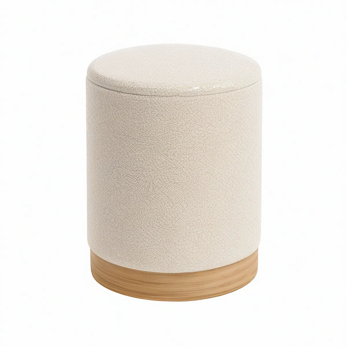 Runder Sitzhocker Ø 40 cm, Höhe 45 cm, Bouclé in Creme mit Bambussockel Natur