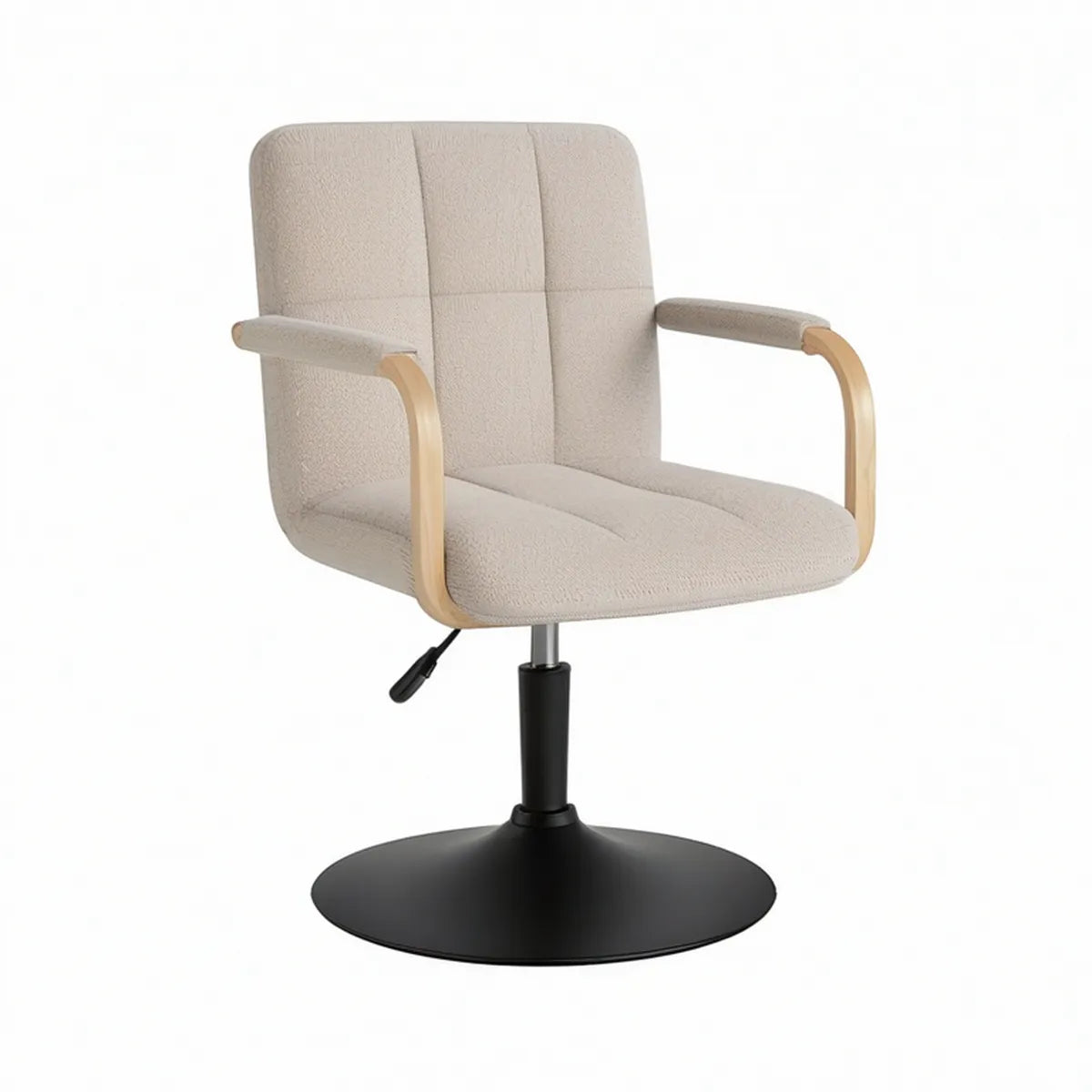 Drehbarer, höhenverstellbarer Bouclé-Armlehnenstuhl Beige/Naturholz/Schwarz 60 × 61 × 84–94 cm