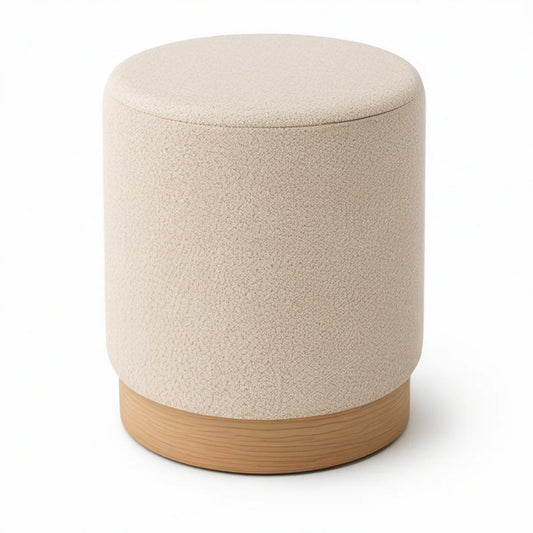 Runder Polsterhocker aus beigem Polyester-Bouclé mit Holzsockel, Ø 40 cm, Höhe 45 cm