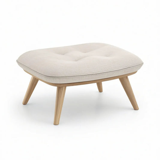 Ovaler gepolsterter Fusshocker aus Massivholz, Creme/Natur, 60 x 45 x 42 cm