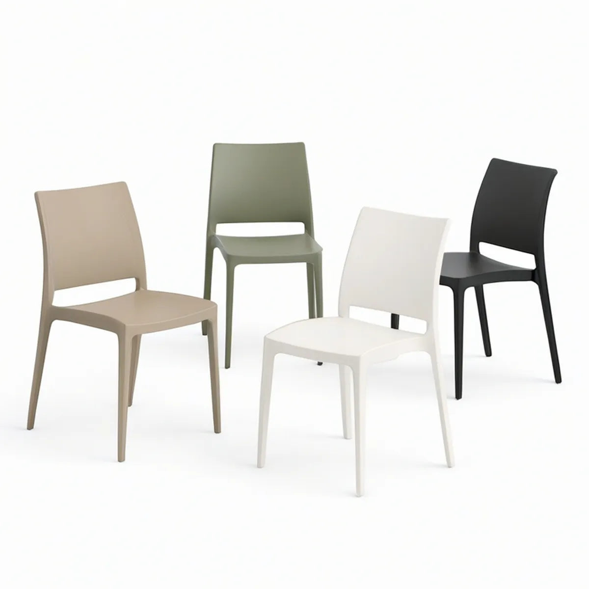 Stapelbarer PP-Stuhl mit gebogener Rückenlehne, 48 × 53 × 80 cm, Beige/Olivegrün/Weiss/Schwarz